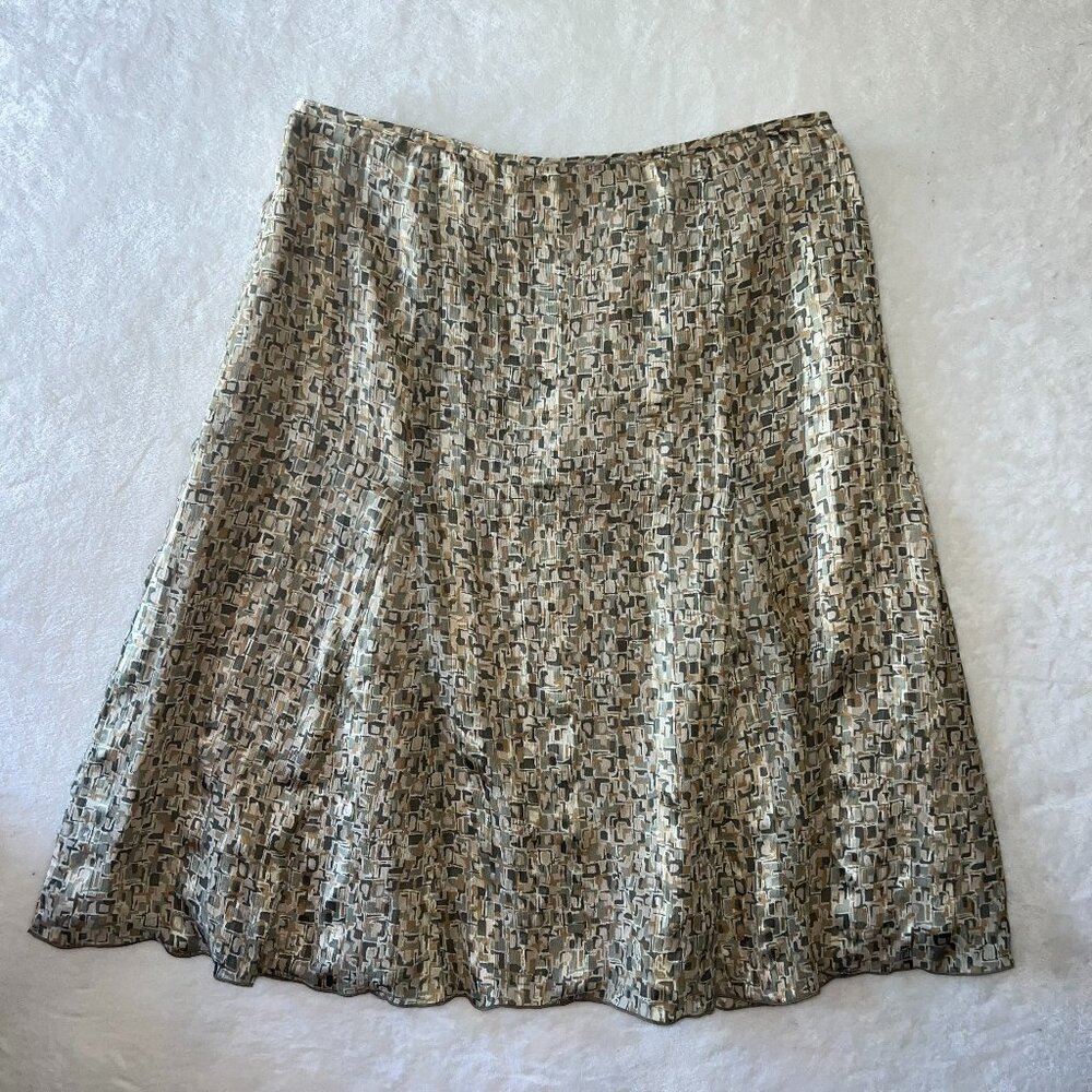 Talbots Pure Silk Midi Skirt 12 Tan Olive Geometric Mosaic Abstract‎ Print Lined